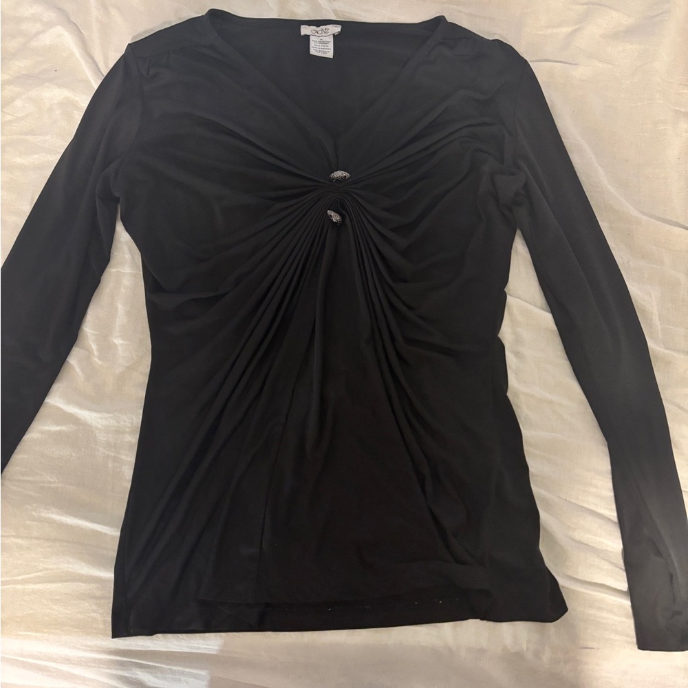 Cache Elegant Black Long Sleeve Top with Gathered Front